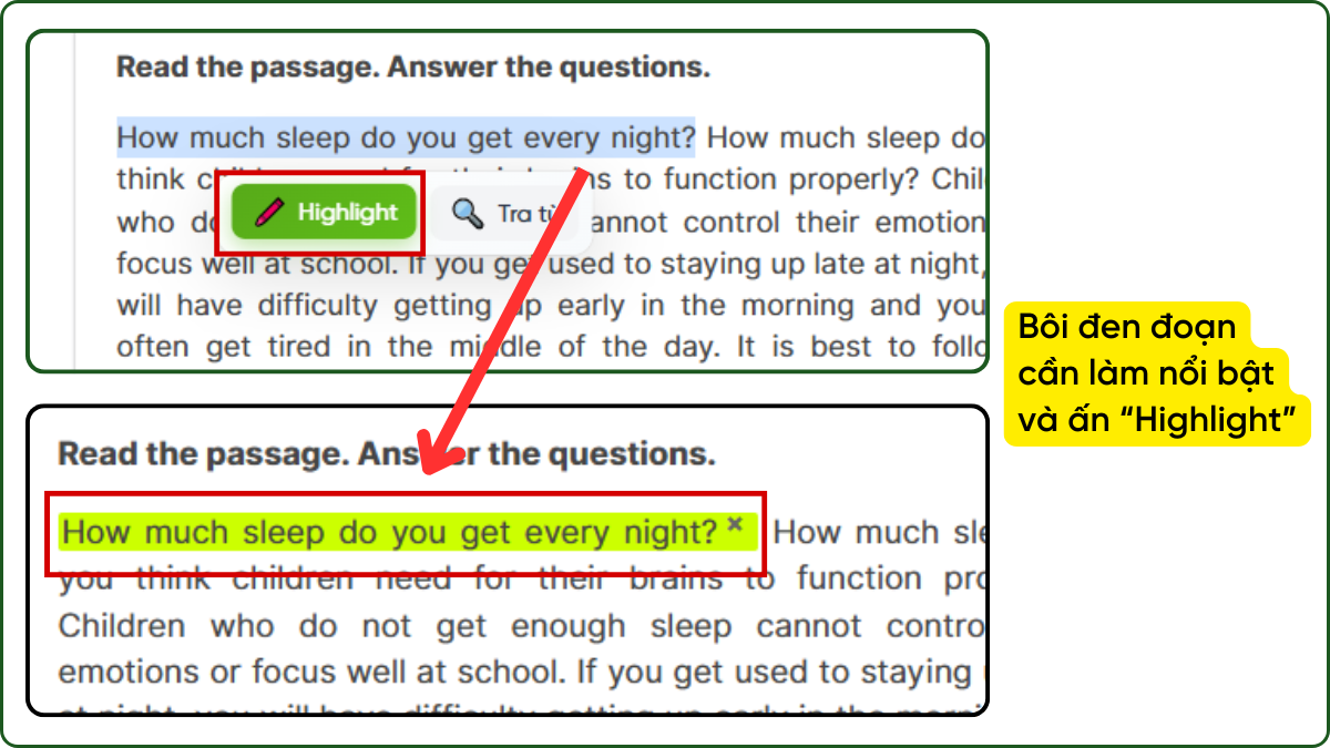 Highlight bài đọc hiểu